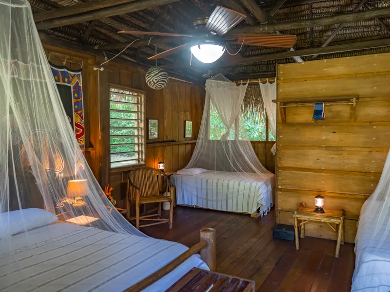 Interior of a thatched garden casita.