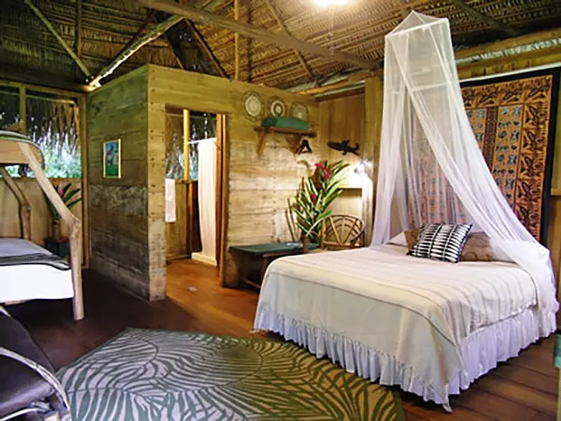 Interior of a thatched garden casita.