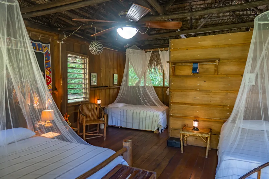 Interior of a thatched garden casita.