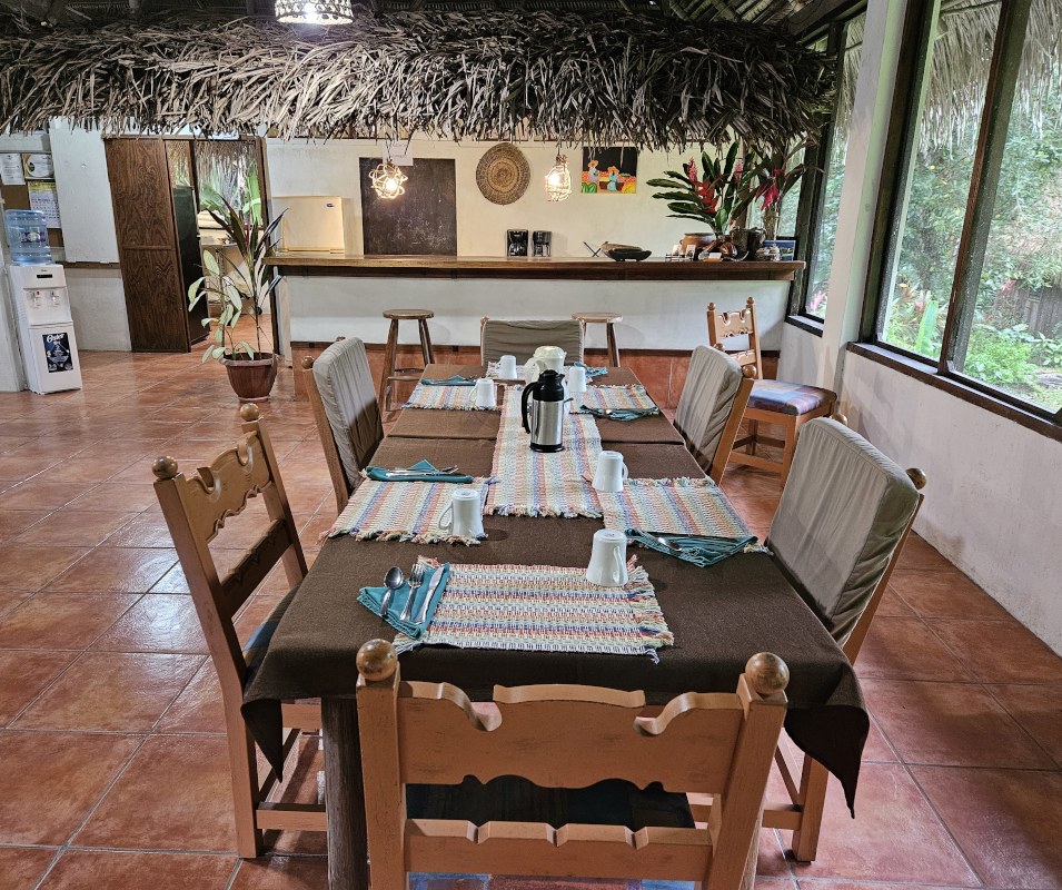 Comfortable dining chairs and tables in a jungle lodge.